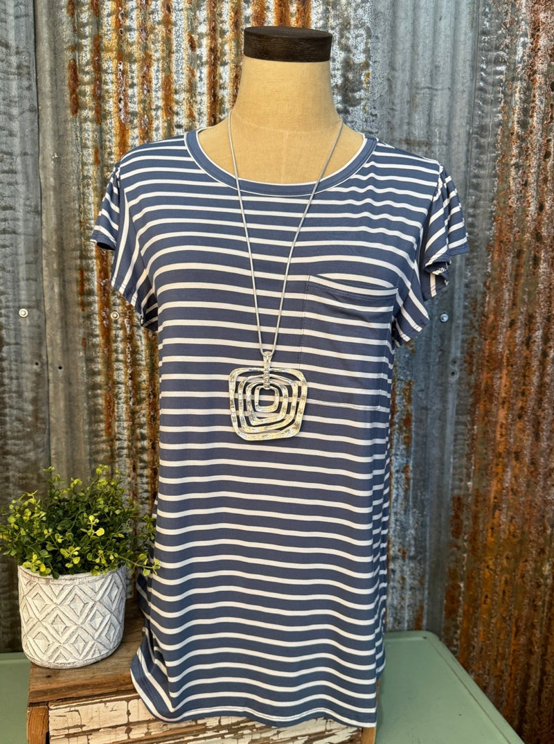 Sara Blue and White Stripe Top with Ruffle Sleeve Detail